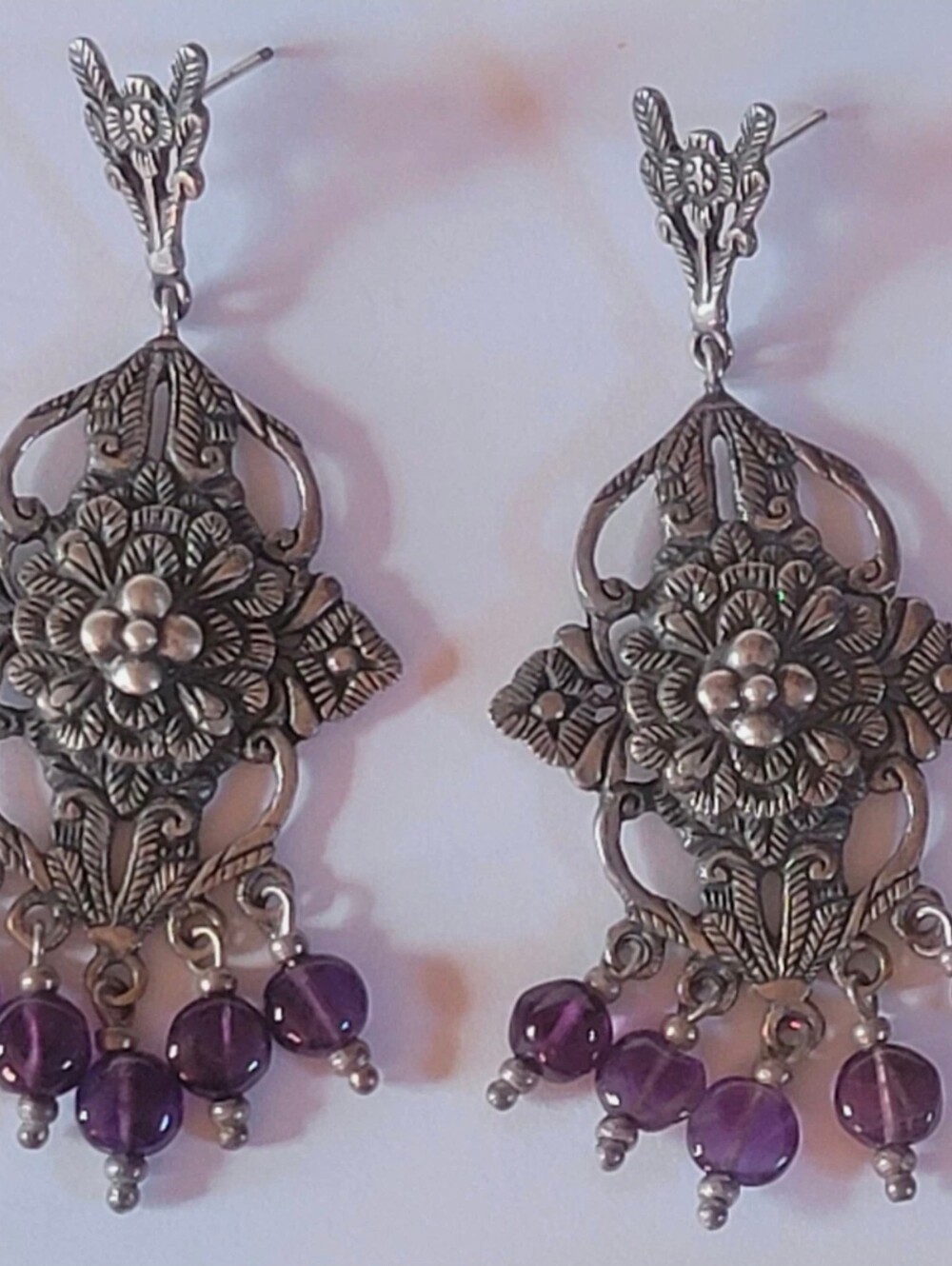 Peruvian Connection colonial silver filigree earrings .925 purple beads $375